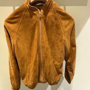 Suede-Look Zip Front Bomber Jacket in Camel